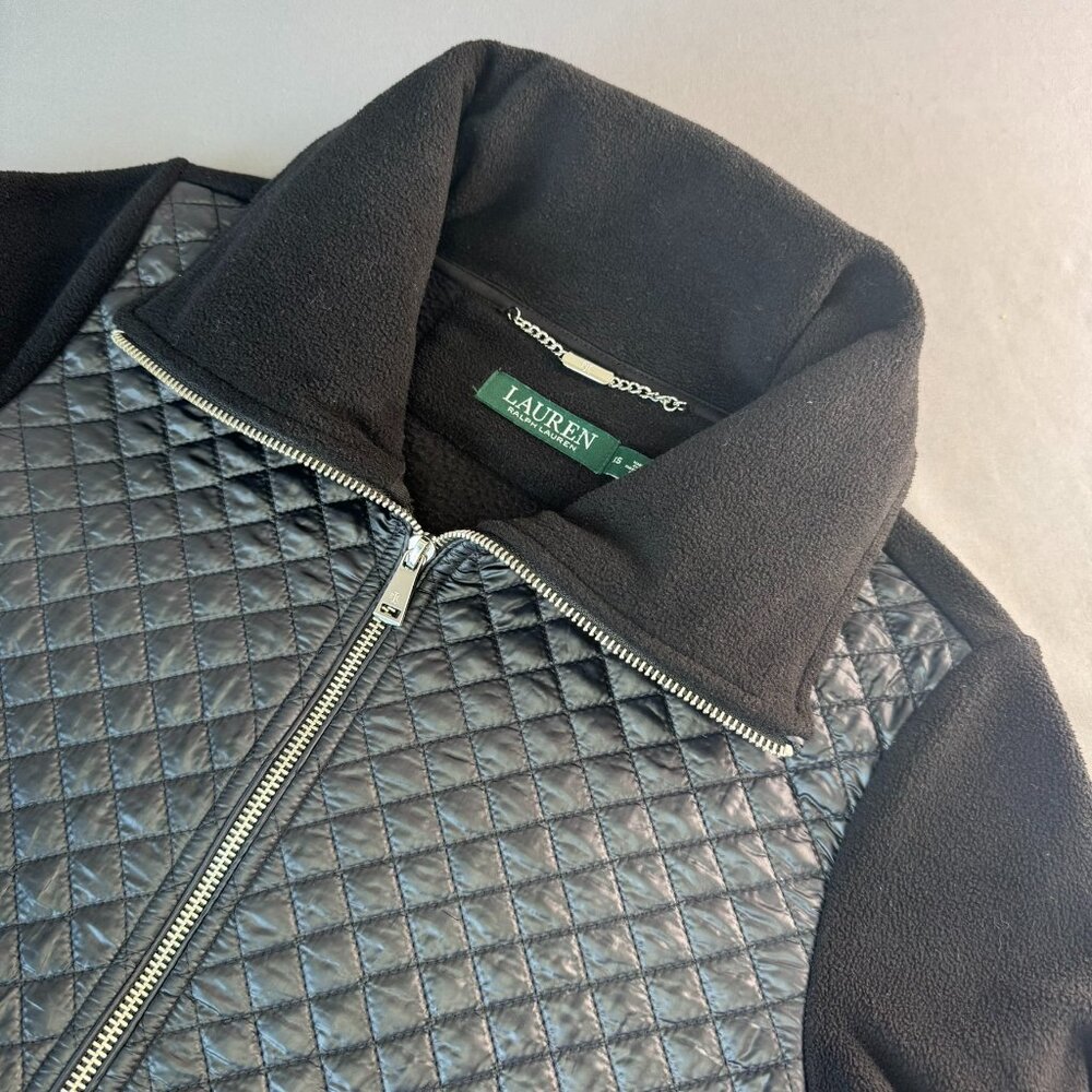 Lauren Ralph Lauren Jacket Quilted Black Fleece Full Zip Pockets Preppy XS